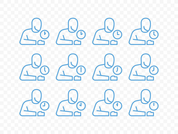 人类和圆形时钟与箭头矢量图标收集。轮廓人物和水平模拟时钟，通知每个小时的图标设置图片下载