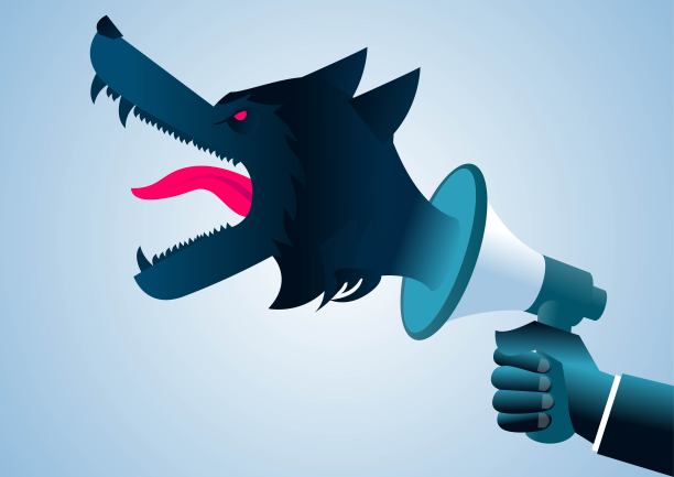 一只手拿着扩音器，大叫着，一只凶恶的狼从扩音器里飞了出来图片下载
