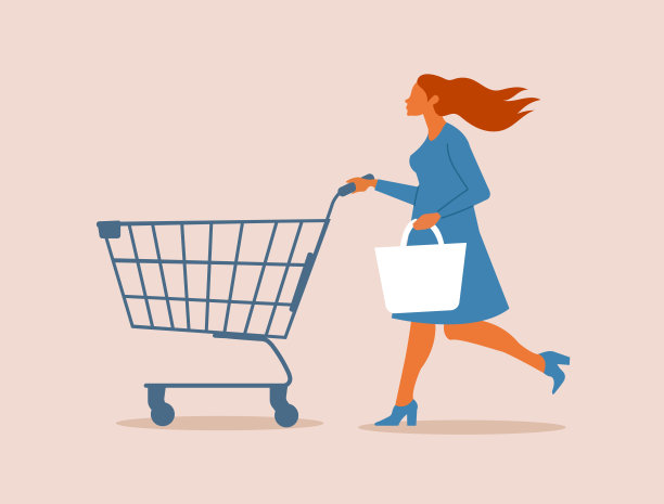 年轻漂亮的女孩一边跑一边推着手推车。一个女人推着一辆空购物车去购物。折扣，大甩卖，购物狂的概念。矢量插图的横幅，广告图片下载