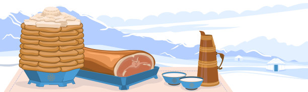 庆祝蒙古新年的传统菜肴——札干沙。馅饼和白干酪。以冬日风景为背景的烤羊糠和奶茶。向量。图片下载