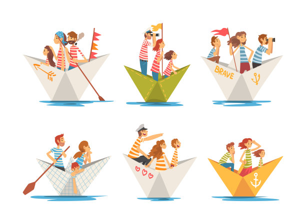 家人漂浮在纸船上。在河上划船的条纹衬衫的父母和孩子的团队卡通矢量插图图片下载