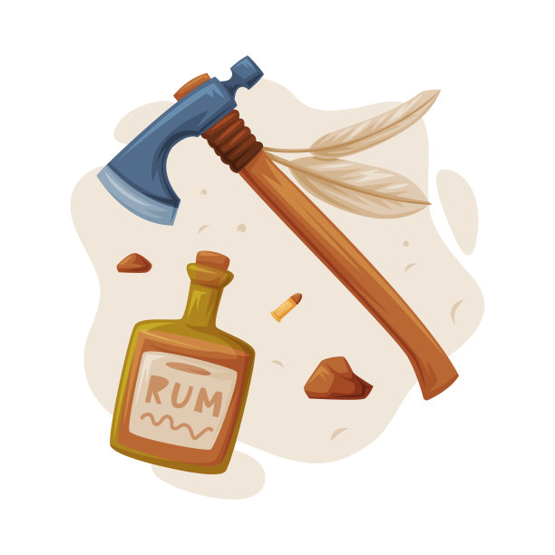 朗姆酒瓶子和斧头作为狂野西部对象矢量组成图片下载