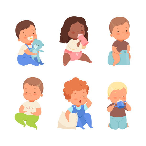 幼儿在日常活动设置。可爱的男孩和女孩玩玩具，吃饭，睡觉卡通矢量插图图片下载