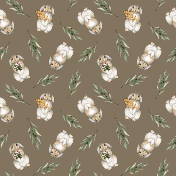 水彩秋天兔子与树叶无缝图案在柔和的棕色米色背景。手绘可爱的兔子婴儿服装图片下载