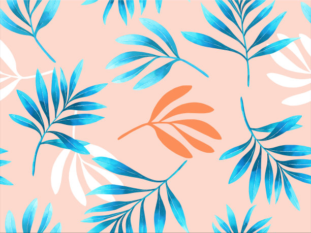 水彩画白色，蓝色叶在米色背景无缝图案。图片下载