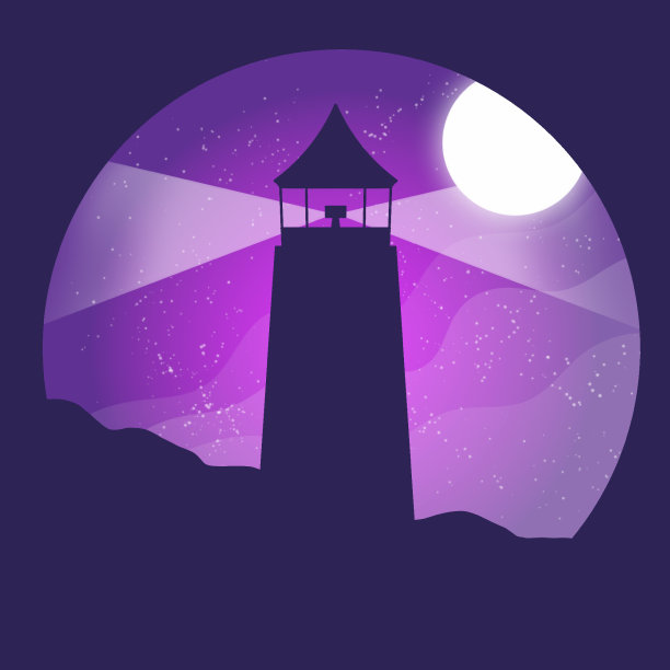 灯塔，夜海和月亮。紫色色调的神秘插图图片下载