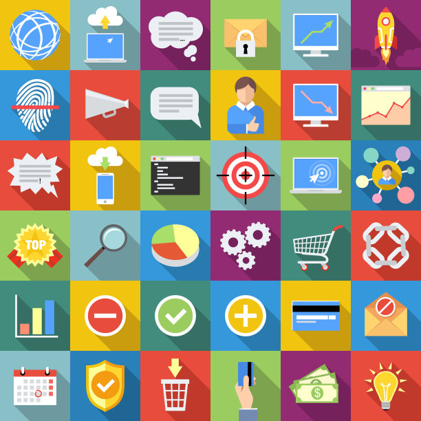 网络营销和SEO图标设置在平面设计与长阴影图片下载