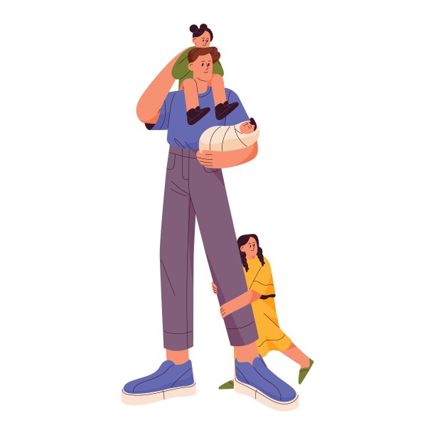 单亲父亲和许多孩子。爸爸抱着三个孩子，小女孩大女儿，刚出生的小男孩手里抱着小婴儿。父性的概念。平面图形矢量插图孤立在白色背景上图片下载