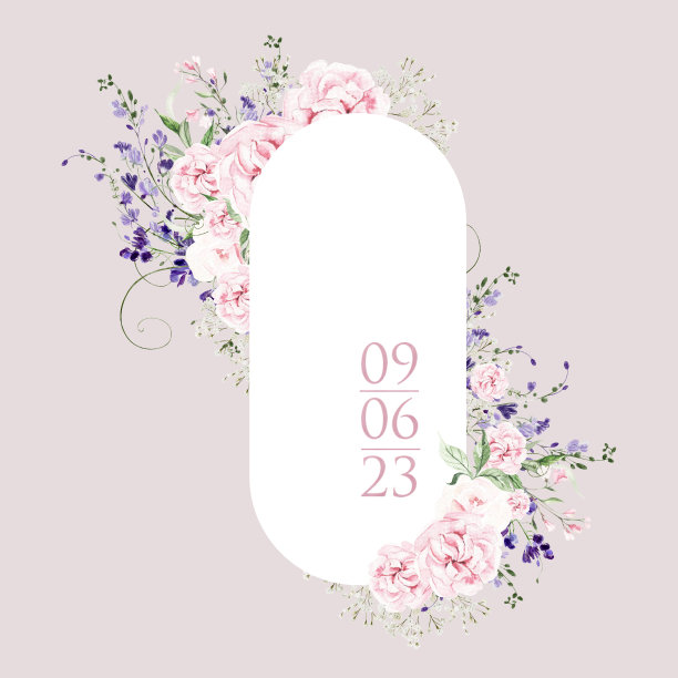 水彩婚纱卡配紫藤、玫瑰和野花、绿叶。图片下载