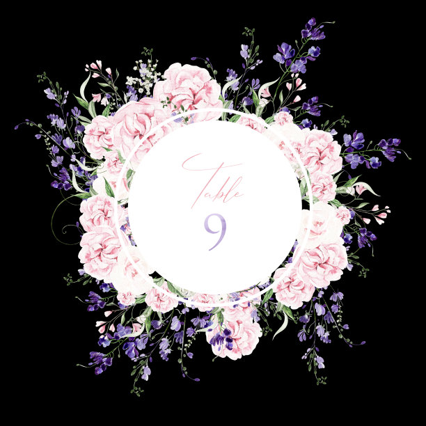 水彩婚纱卡配紫藤、玫瑰和野花、绿叶。图片下载