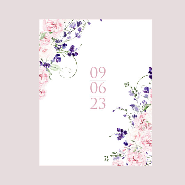 水彩婚纱卡配紫藤、玫瑰和野花、绿叶。图片下载