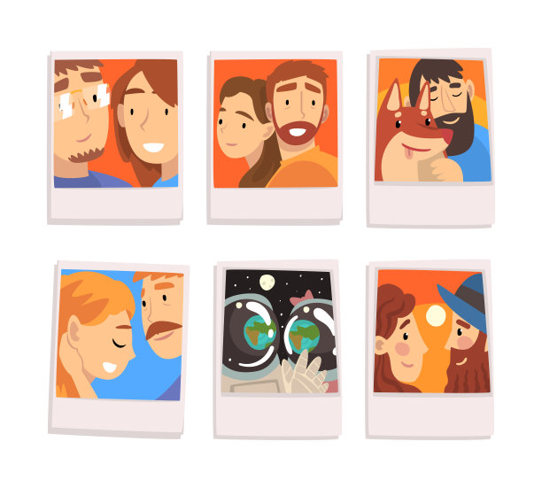 一组浪漫的情侣照片肖像。令人难忘的图片快乐的人卡通矢量插图图片下载