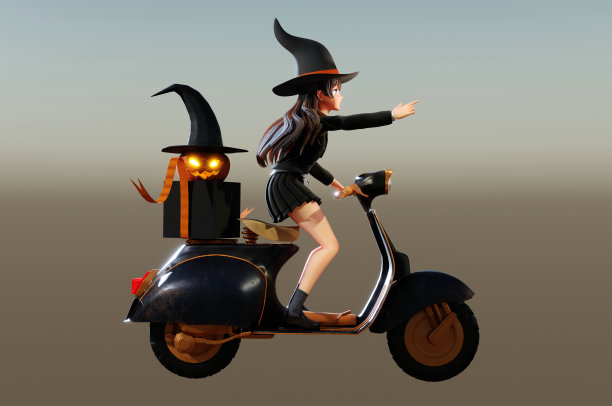 骑着摩托车的女巫和南瓜灯3D插画图片下载