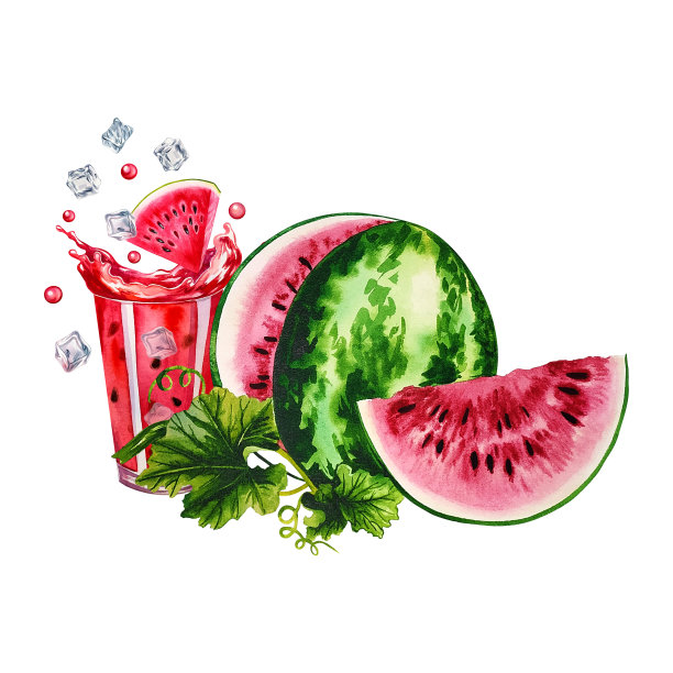 把西瓜切成薄片，在杯子里倒入新鲜果汁。水彩手绘插图。在白色的背景上。用于标签，包装，横幅。用于纺织品，印刷品，菜单，烹饪书，传单。图片下载