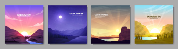 矢量插图。一组山景。几何平面风格。日落傍海岩，夜景，山林附近。设计社交媒体，网页横幅。彩色三角形图片下载