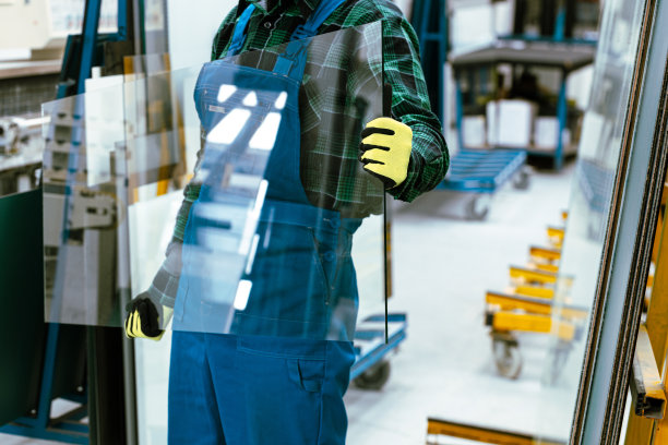 玻璃工人手里拿着一块玻璃，玻璃工厂图片下载