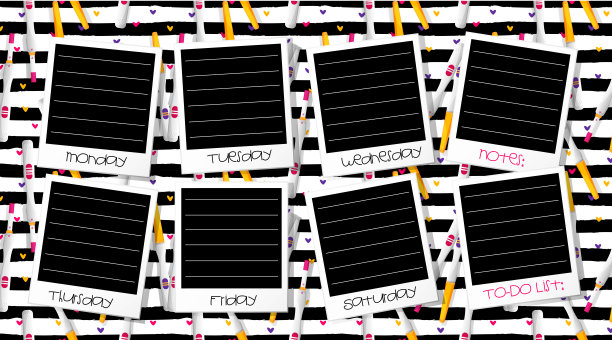 孕妇每周要做的事清单。待办事项清单在快速打印的照片上无缝条纹背景与心形和阳性怀孕测试。图片下载