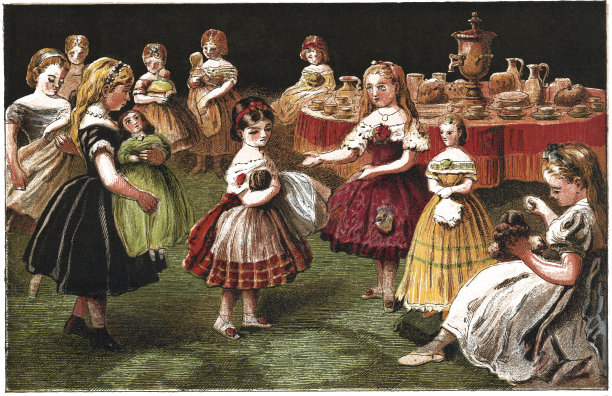 维多利亚时代的女孩和她们的洋娃娃在茶会上的彩色照相术图片下载