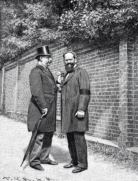 恩斯特·施温宁格教授，右，奥托·冯·俾斯麦的私人医生，在弗里德里希鲁与另一个人在奥托·冯·俾斯麦的住所交谈图片下载