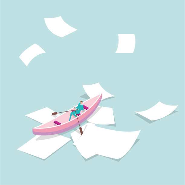 一个商人正在一堆纸上划着一只小木船。图片下载