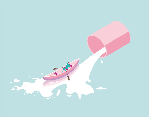 商人划船在倒液体，超现实主义的设计。图片下载