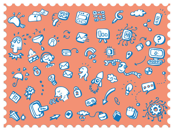 科技涂鸦-手绘社交媒体图标-可爱的小东西图案-涂鸦背景图片下载