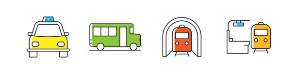 公共交通相关的矢量线图标。大纲符号集合图片下载