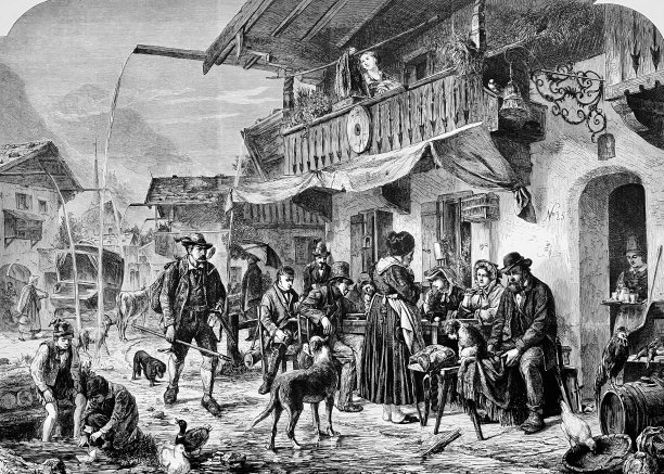 山下下雨天，人们在巴伐利亚客栈外图片下载