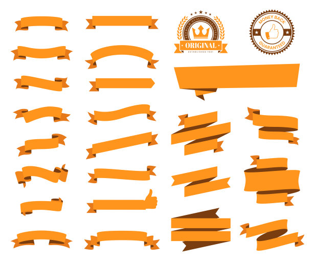 一套橙色丝带，横幅，徽章，标签-设计元素在白色的背景图片下载