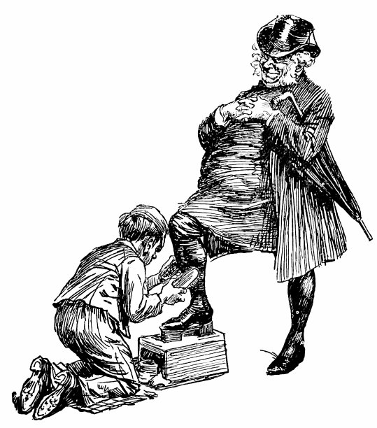 擦鞋匠男孩给异装男子擦鞋图片下载