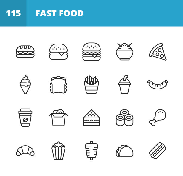 快餐系列的图标。可编辑的中风。像素完美。移动和网络。包含快餐，吃，餐厅，汉堡，三明治，冰淇淋，薯条，汽水，寿司，爆米花，热狗，羊角面包，鸡肉，寿司，披萨，香肠，塔可，咖啡等图标。图片下载