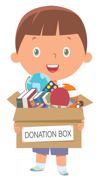 男孩拿着捐赠盒，里面有书，铅笔和玩具图片下载