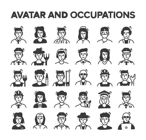 头像和职业相关的手绘矢量涂鸦图标集图片下载