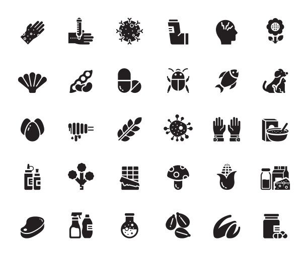 过敏和基本过敏原相关矢量图标的简单设置。符号集合图片下载