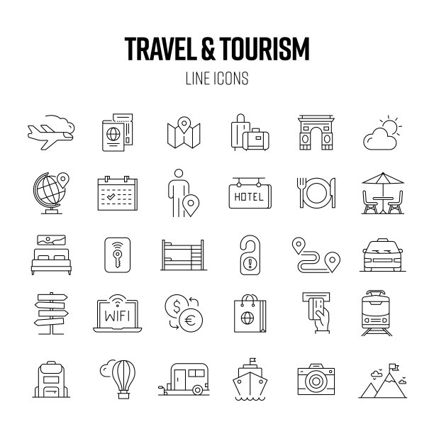 旅游线路图标集。旅程，游客，目的地，酒店，餐厅。图片下载