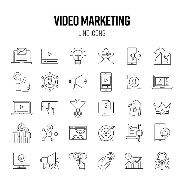 视频营销线图标集。社交网络，视频，电子邮件，策略，按点击付费。图片下载