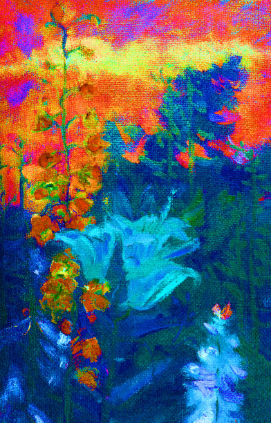 插画艺术油画风景画以百合花和铃铛为背景，以树叶、树木和青草为背景图片下载