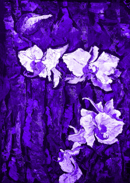 插图油画风景兰花花在明亮的背景植物叶子在紫色调图片下载