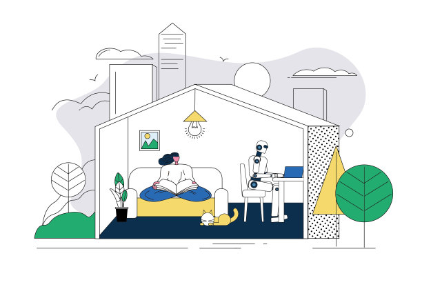 女白领躺在沙发上看书，机器人在电脑前工作。图片下载