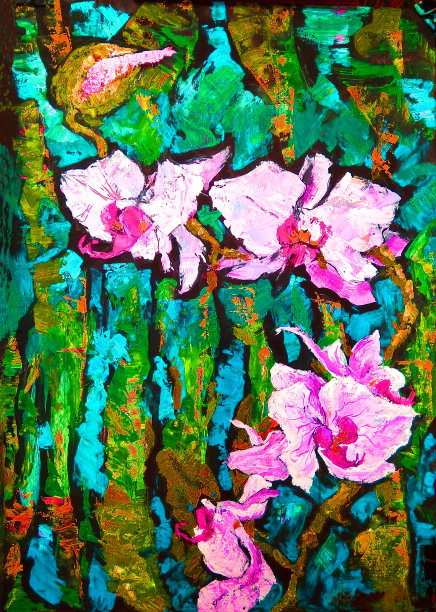 插画油画风景花兰花在明亮的背景植物叶子在绿色色调图片下载