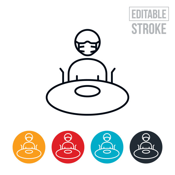 坐在轮椅上的人在桌子上戴面具细线图标-可编辑的笔触图片下载