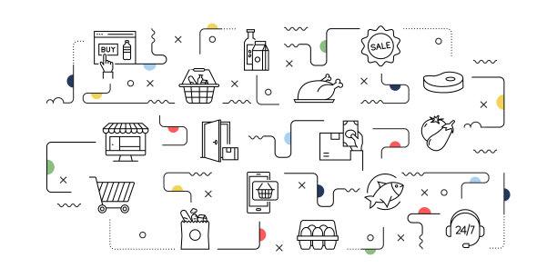 互联网杂货相关的矢量横幅设计概念，现代线风格与图标图片下载