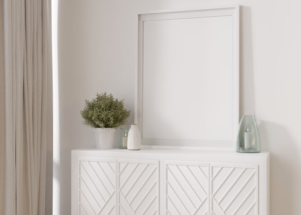 空的垂直相框立在白色餐具柜上。模拟室内现代风格。免费，复印空间的图片，海报。控制台,植物。关闭了。3 d渲染。图片下载