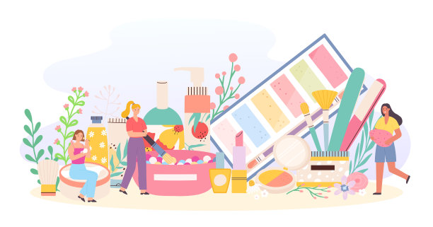 化妆化妆品和娇小的女性。人物用粉、刷、膏、眼影和口红。使用美容产品的女性图片下载