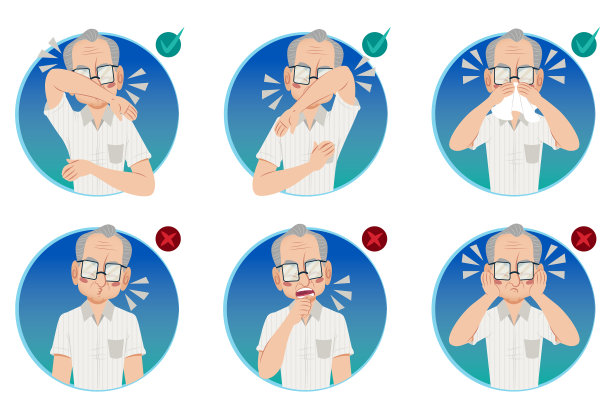 在covid-19期间，老人向我们演示如何打喷嚏和不要做什么图片下载