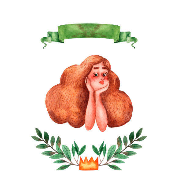 可爱的公主水彩画插图。古老的童话故事中的中世纪人物。手绘风格。卡通的年轻女王。绿色的裙子。花卉装饰。红发女孩。沉思的脸。可爱的邀请卡。图片下载