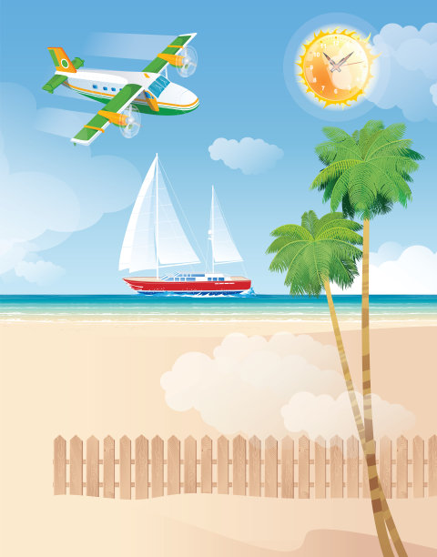 一架飞机，棕榈树和一艘游艇在壮丽的海滩上图片下载