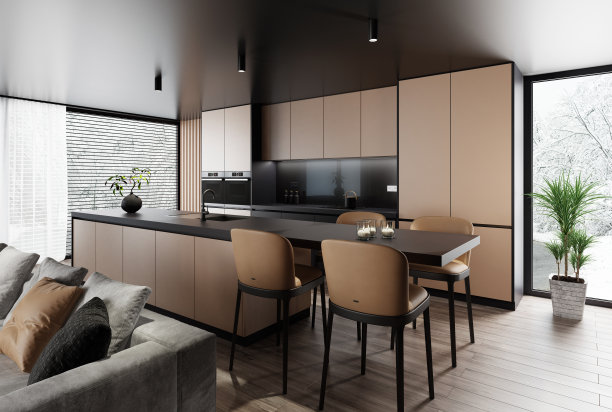 现代简约意式风格的黑金豪华客厅与开放式厨房图片下载