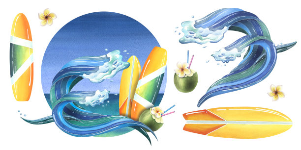 海浪、冲浪板和椰子鸡尾酒，背景是大海和天空。水彩插图，手绘。白色背景上孤立的元素图片下载