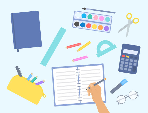 高角度的学生桌与学校文具。做作业的学生。返校理念图片下载